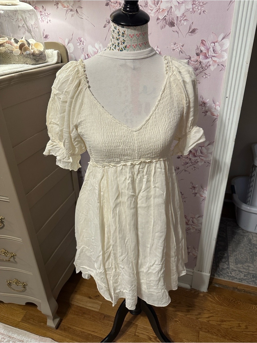 Ivory Smocked Mini Dress with Puff Sleeves